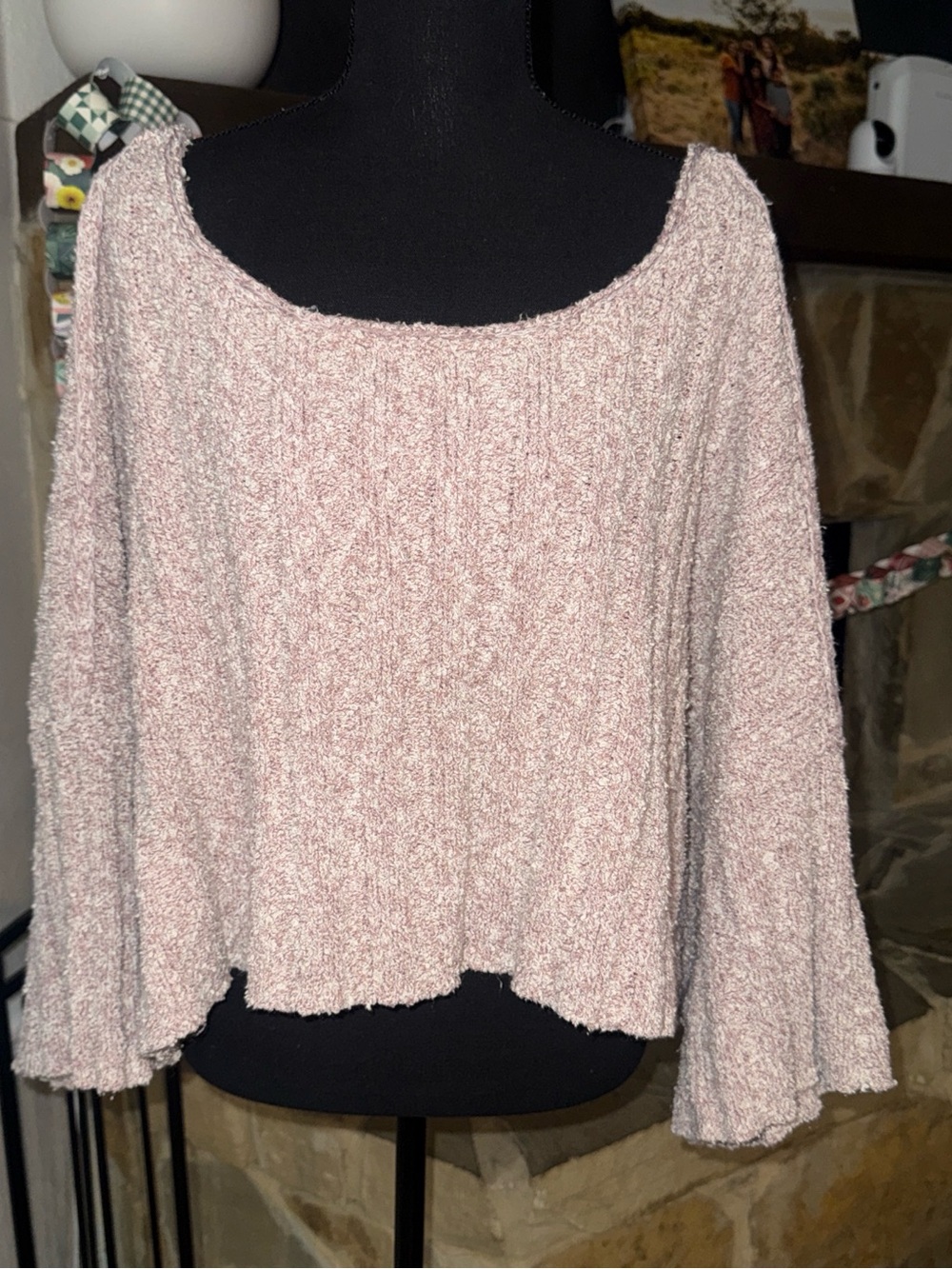 Free People Dusty Rose Off-Shoulder Bouclé Sweater